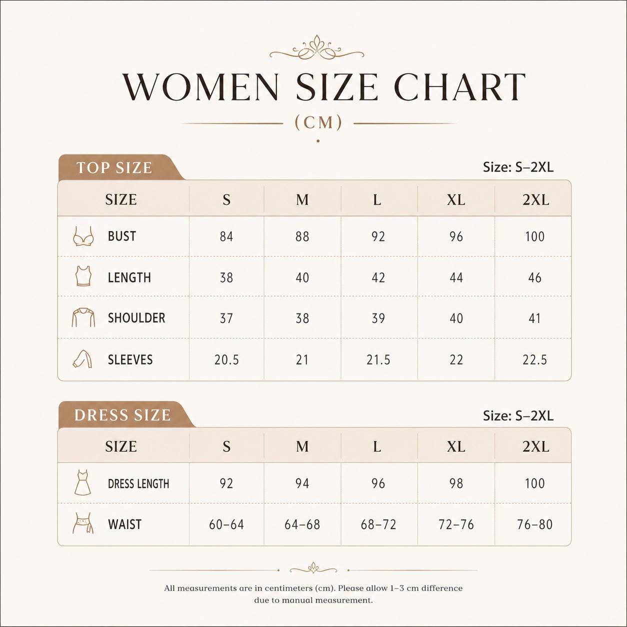 May include: A size chart for tops and dresses with measurements in centimeters. The table lists sizes S through 2XL, including bust, length, shoulder, and sleeve measurements for tops, and dress length and waist measurements for dresses.