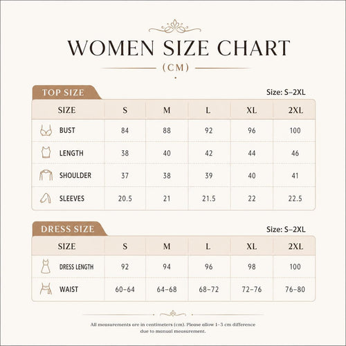 May include: A size chart for tops and dresses with measurements in centimeters. The table lists sizes S through 2XL, including bust, length, shoulder, and sleeve measurements for tops, and dress length and waist measurements for dresses.