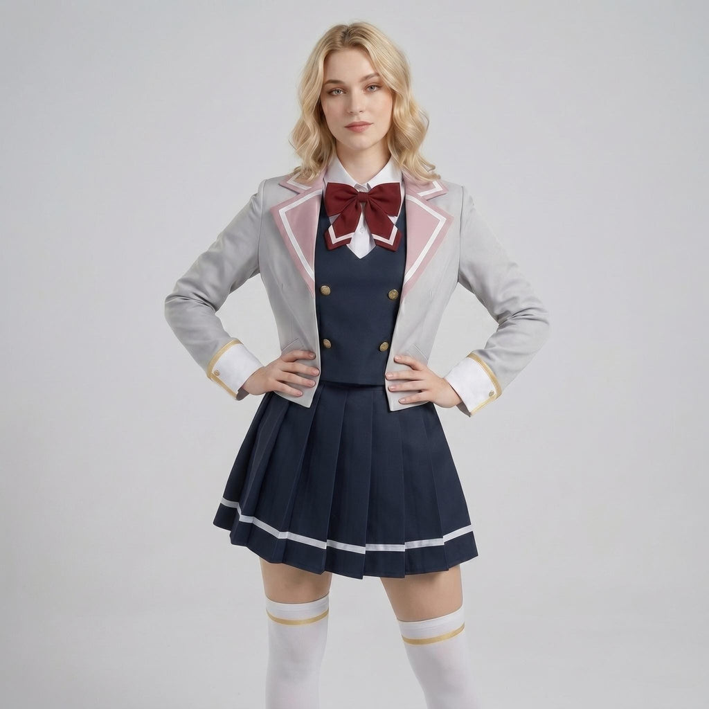 May include: A school uniform set consisting of a light gray blazer with pink lapel trim, a white collared shirt, a dark navy blue vest with gold buttons, a matching pleated navy blue skirt with white stripes, a dark red bow tie, and white socks.