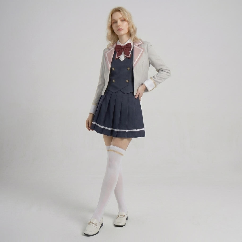 May include: A light gray blazer with pink lapel trim worn over a dark navy blue vest and a matching pleated skirt. The outfit includes a white collared shirt, a dark red bow tie, white over-the-knee socks, and white loafers with gold-tone hardware.