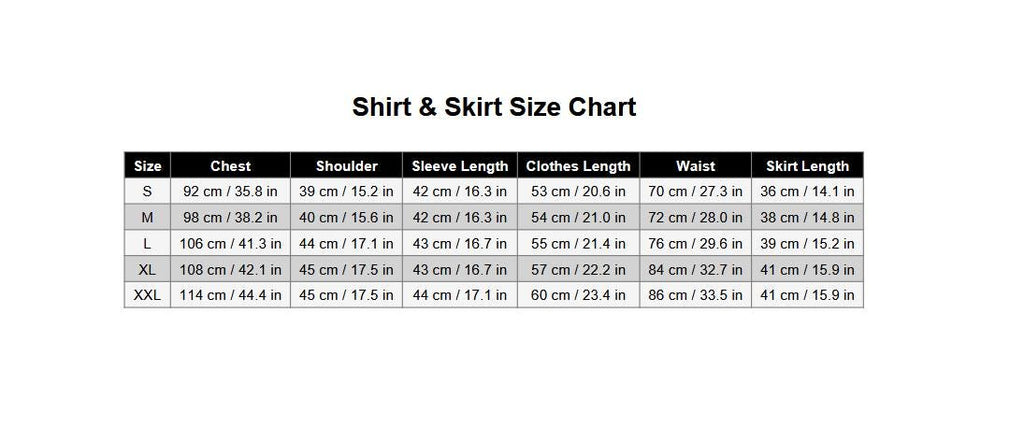 May include: A black and white Shirt &amp; Skirt Size Chart table with columns for Size, Chest, Shoulder, Sleeve Length, Clothes Length, Waist, and Skirt Length. The table lists measurements in both centimeters and inches for sizes S through XXL.