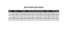 May include: A black and white Shirt &amp; Skirt Size Chart table with columns for Size, Chest, Shoulder, Sleeve Length, Clothes Length, Waist, and Skirt Length. The table lists measurements in both centimeters and inches for sizes S through XXL.