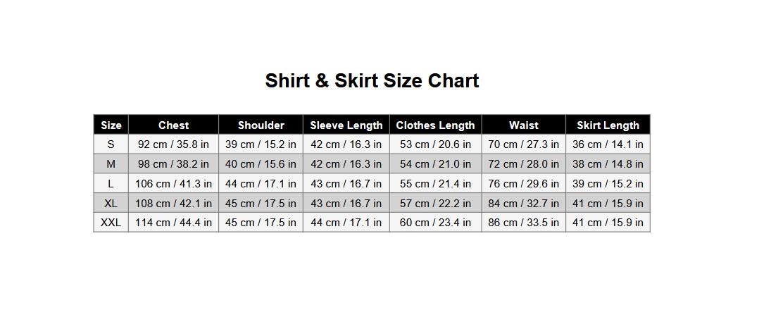 May include: A black and white Shirt &amp; Skirt Size Chart table with columns for Size, Chest, Shoulder, Sleeve Length, Clothes Length, Waist, and Skirt Length. The table lists measurements in both centimeters and inches for sizes S through XXL.