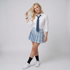 May include: A white long-sleeved button-down shirt with a dark blue necktie, paired with a light blue and white plaid pleated mini skirt. The outfit is completed with black calf-length socks and white athletic sneakers, creating a classic ensemble.