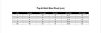 May include: A black and white size chart table titled Top &amp; Skirt Size Chart (cm) with columns for Size, Top Bust, Top Length, Shoulder, Skirt Waist, and Skirt Length. The rows list measurements in centimeters for sizes S, M, L, XL, and XXL.