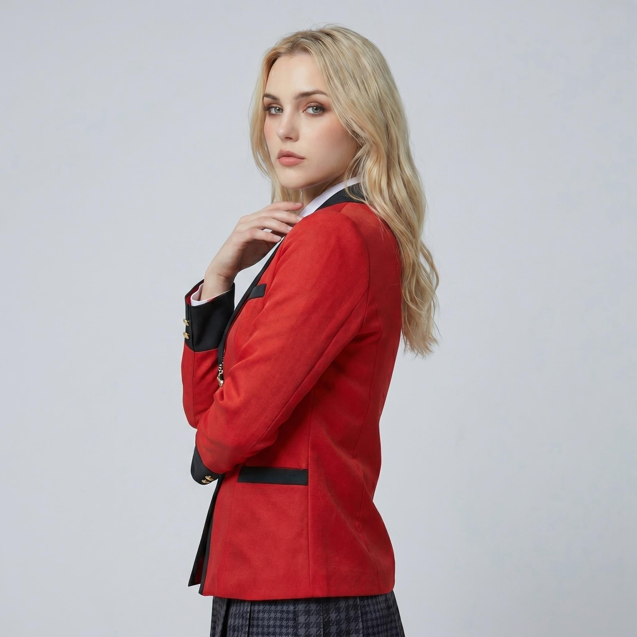 May include: A vibrant red blazer featuring a crisp white collared shirt underneath, black lapel accents, and black pocket trim. The blazer is tailored with long sleeves, black cuffs, and gold-toned buttons along the front closure and sleeve cuffs.