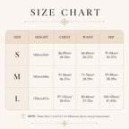 May include: A size chart table with the heading SIZE CHART. It lists sizes S, M, and L with corresponding measurements for height, chest, waist, and hip in both centimeters and inches. A note at the bottom states to allow 1-3cm/0.4-1.2in differences.