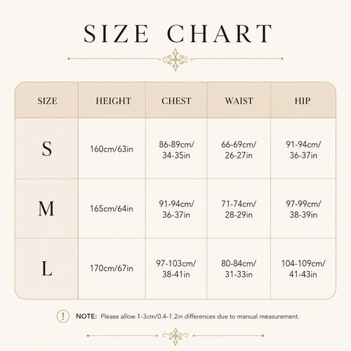 May include: A size chart table with the heading SIZE CHART. It lists sizes S, M, and L with corresponding measurements for height, chest, waist, and hip in both centimeters and inches. A note at the bottom states to allow 1-3cm/0.4-1.2in differences.