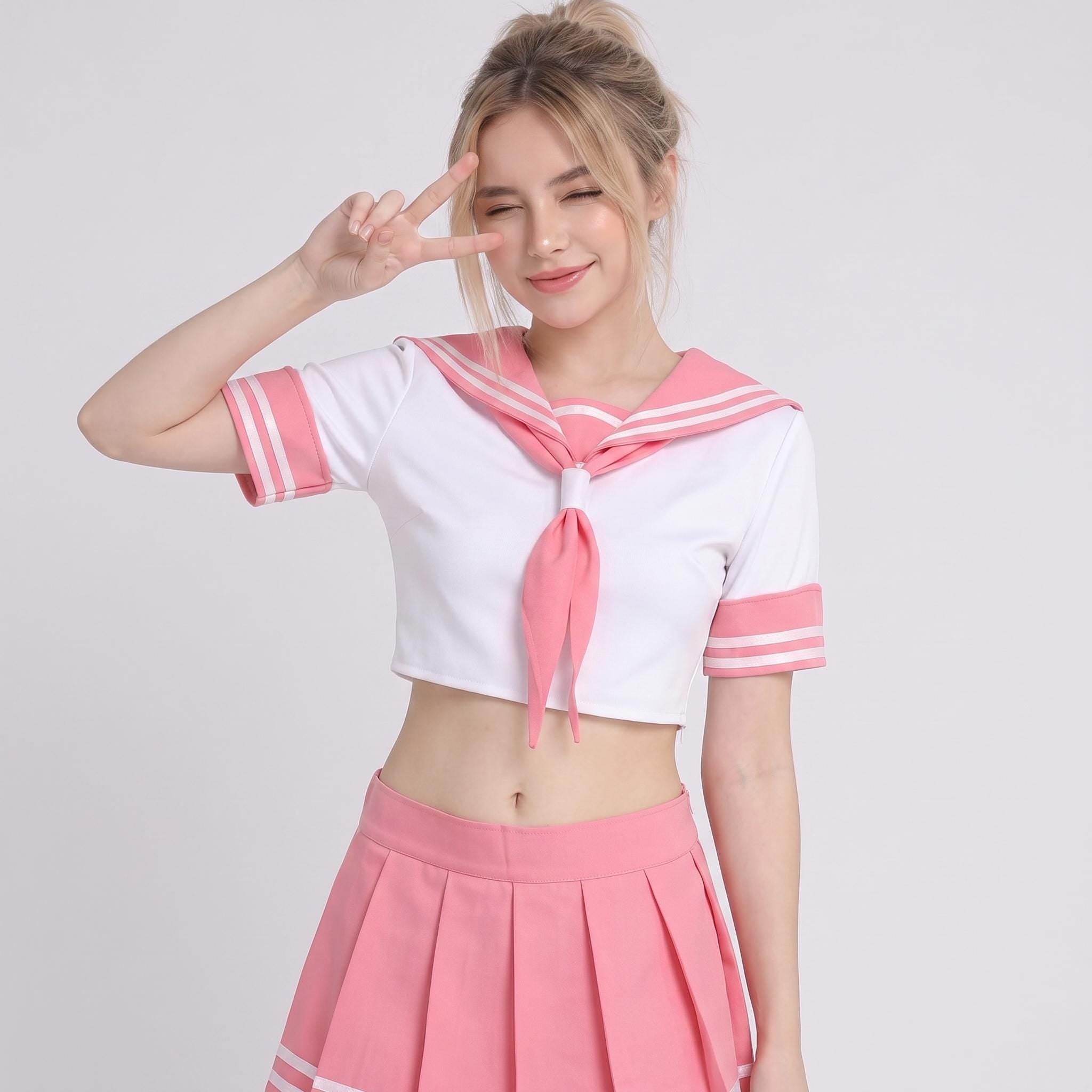 May include: A white cropped sailor-style top featuring a pink collar with two white stripes, short sleeves with matching pink cuffs, and a pink neck scarf. The outfit includes a matching pink pleated mini skirt with two white stripes at the hem.