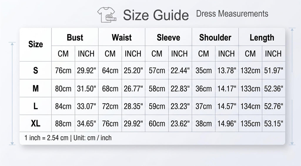 May include: A size guide for dress measurements, with bust, waist, sleeve, shoulder, and length in inches and centimeters. Sizes range from S to XL, with measurements like 29.92" bust and 51.97" length.