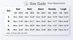 May include: A size guide for dress measurements, with bust, waist, sleeve, shoulder, and length in inches and centimeters. Sizes range from S to XL, with measurements like 29.92" bust and 51.97" length.