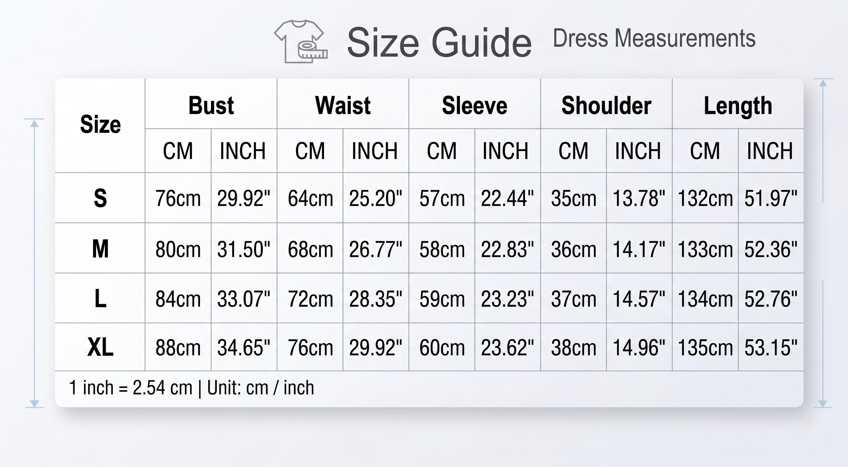 May include: A size guide for dress measurements, with bust, waist, sleeve, shoulder, and length in inches and centimeters. Sizes range from S to XL, with measurements like 29.92" bust and 51.97" length.