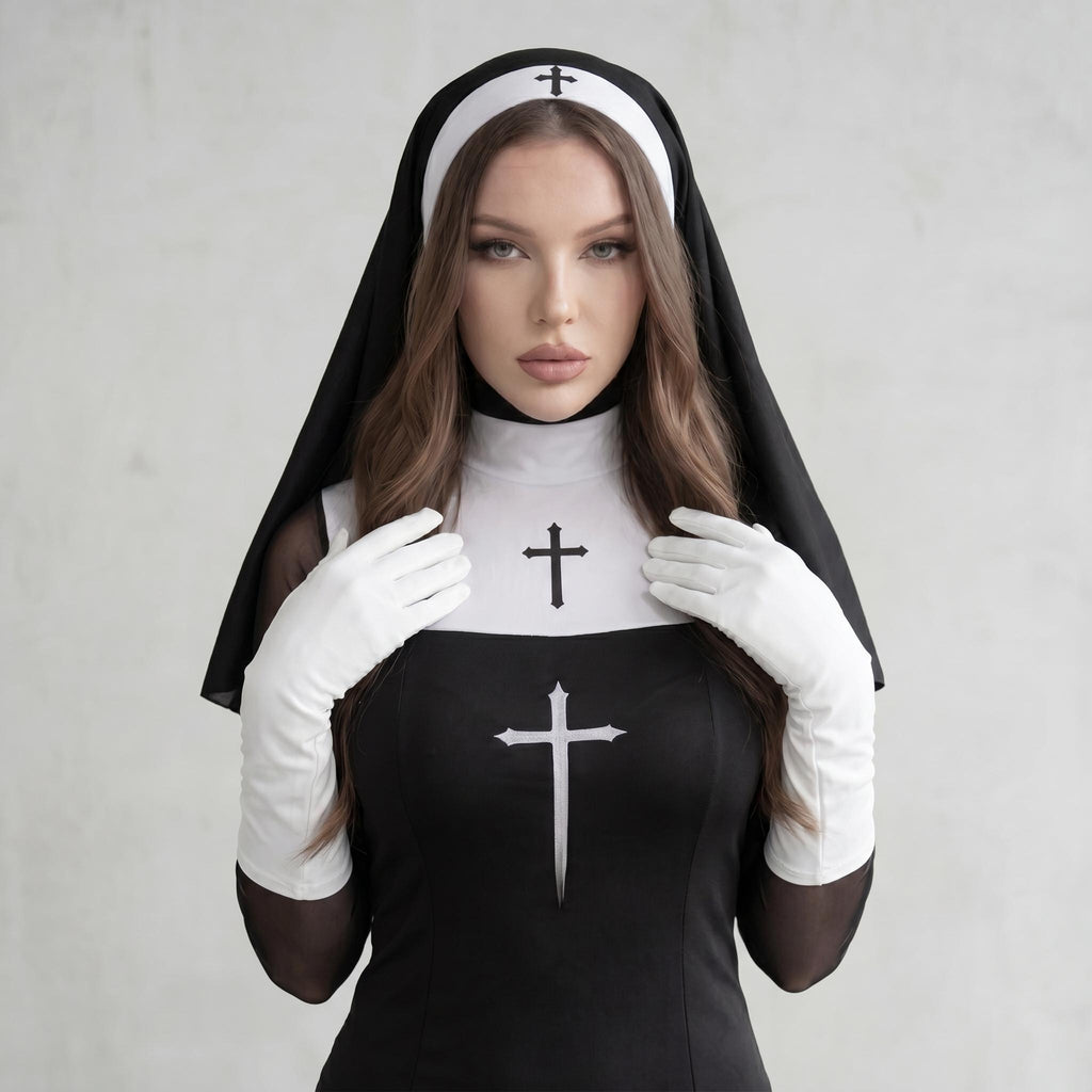 May include: A black and white nun costume featuring a black dress with a white collar and a cross emblem. The costume includes a white headpiece with a cross and white gloves. The nun's habit is black.