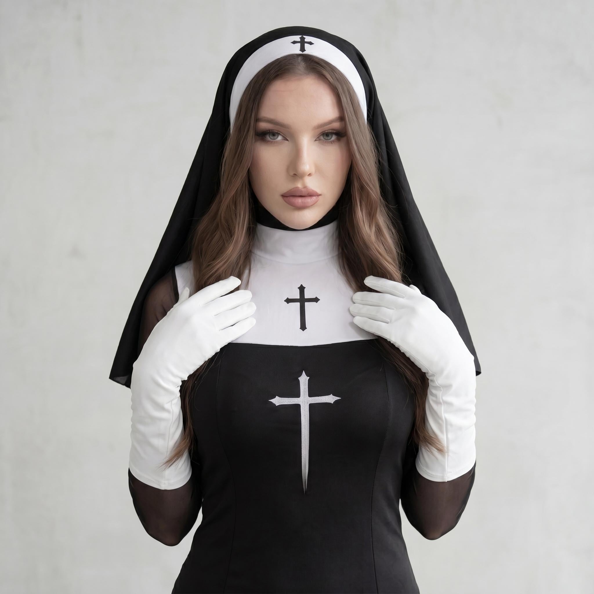 May include: A black and white nun costume featuring a black dress with a white collar and a cross emblem. The costume includes a white headpiece with a cross and white gloves. The nun's habit is black.