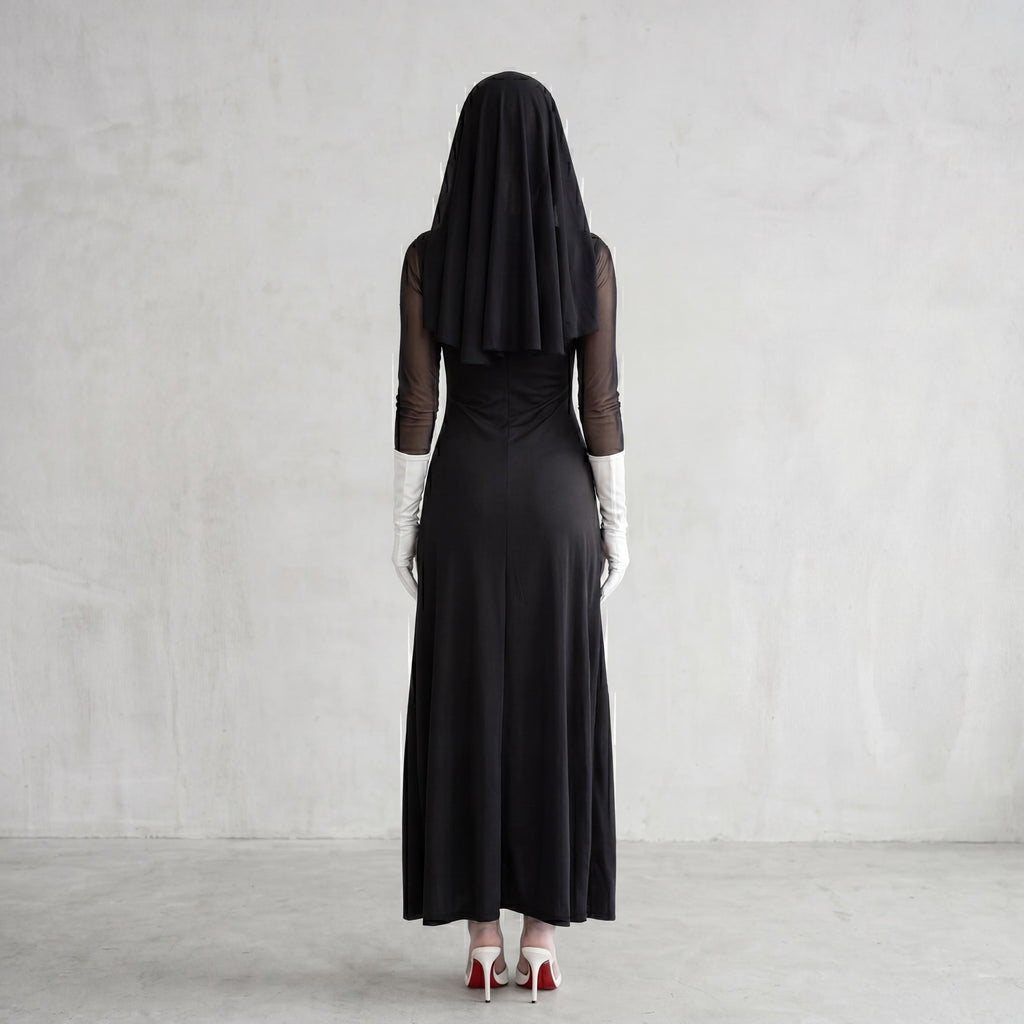 May include: A person wearing a black dress, veil, and white gloves, standing with their back to the camera. The dress is floor-length, and the veil covers the head and shoulders. The person is wearing white high heels.