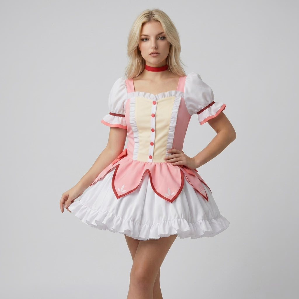 May include: A short dress featuring a pale yellow bodice with a row of buttons, pink side panels, and short puff sleeves. The skirt has a pink petal-shaped overlay above a white ruffled hem. A red choker is worn around the neck of the garment.