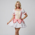 May include: A short dress featuring a pale yellow bodice with a row of buttons, pink side panels, and short puff sleeves. The skirt has a pink petal-shaped overlay above a white ruffled hem. A red choker is worn around the neck of the garment.