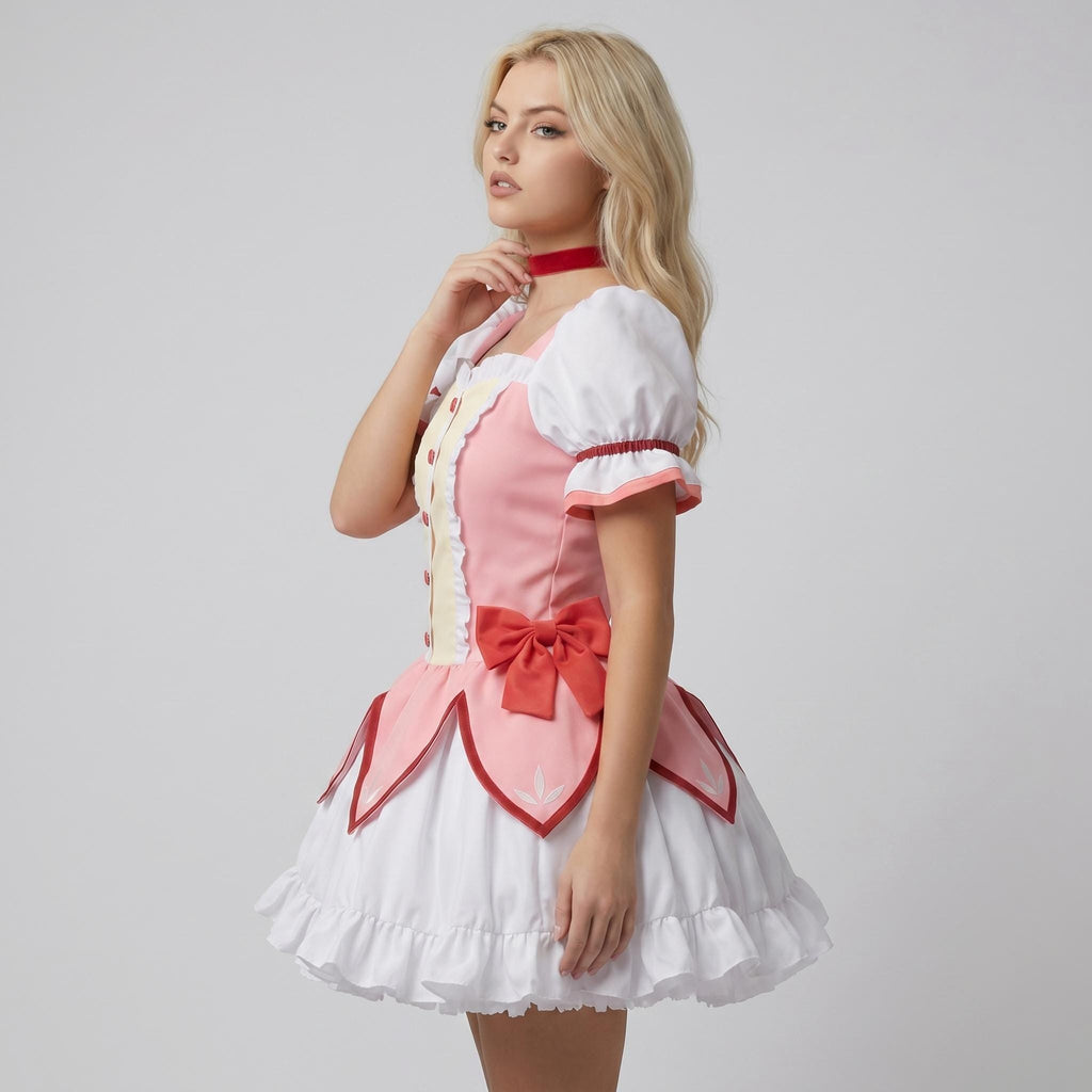 May include: A pink and white dress featuring short puff sleeves with red trim, a red choker, and a central panel with red buttons. The bodice includes a red bow at the waist, while the skirt has a scalloped hemline over a white ruffled base.
