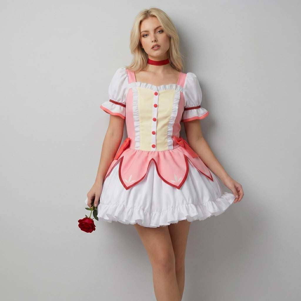 May include: A short-sleeved dress featuring a pale yellow center panel with red buttons, framed by pink fabric. The skirt has a white ruffled hem and a pink petal-shaped overlay. A red choker is worn around the neck, and a red rose is held in hand.
