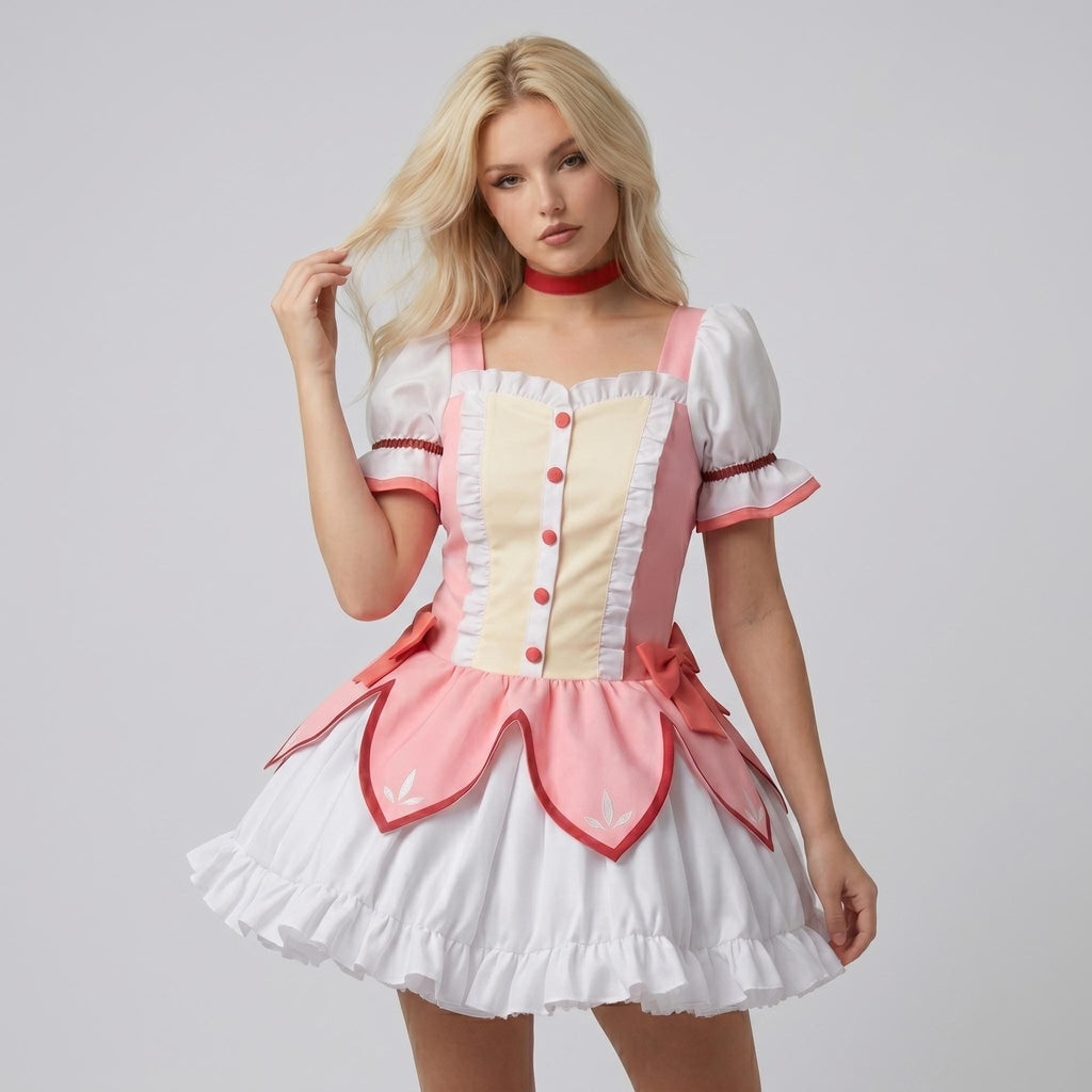 May include: A short dress featuring a pale yellow bodice with a vertical row of red buttons, framed by white ruffles. The skirt has pink petal-shaped overlays with red trim over a white ruffled hem. It includes short puff sleeves and a red choker.
