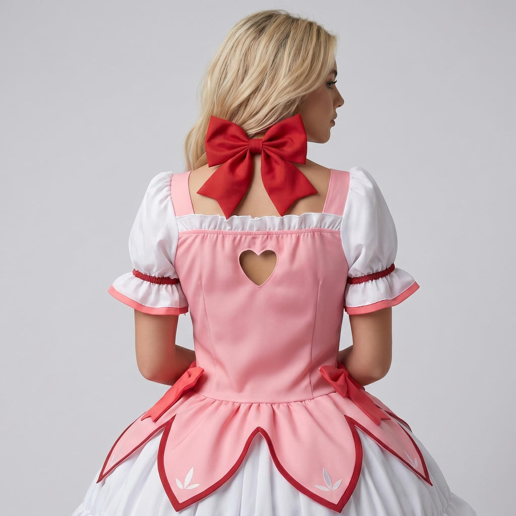 May include: A pink and white dress featuring short puff sleeves with red trim, a heart-shaped cutout on the back, and a large red bow at the neckline. The skirt has a petal-shaped overlay with red edges and small white leaf-like embroidery details.