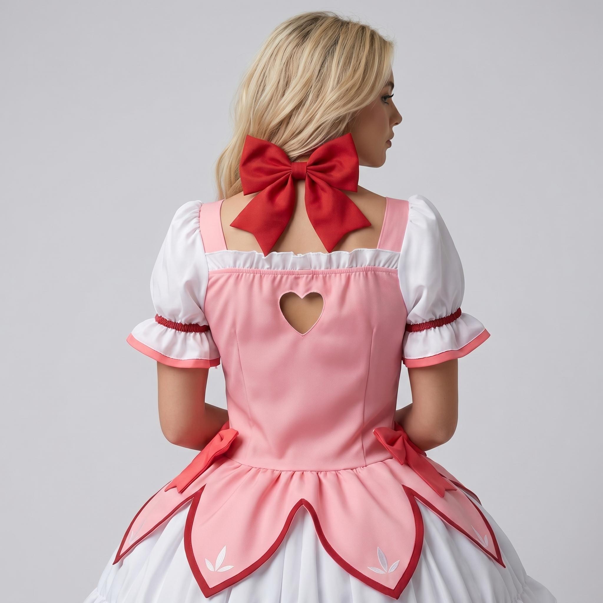 May include: A pink and white dress featuring short puff sleeves with red trim, a heart-shaped cutout on the back, and a large red bow at the neckline. The skirt has a petal-shaped overlay with red edges and small white leaf-like embroidery details.