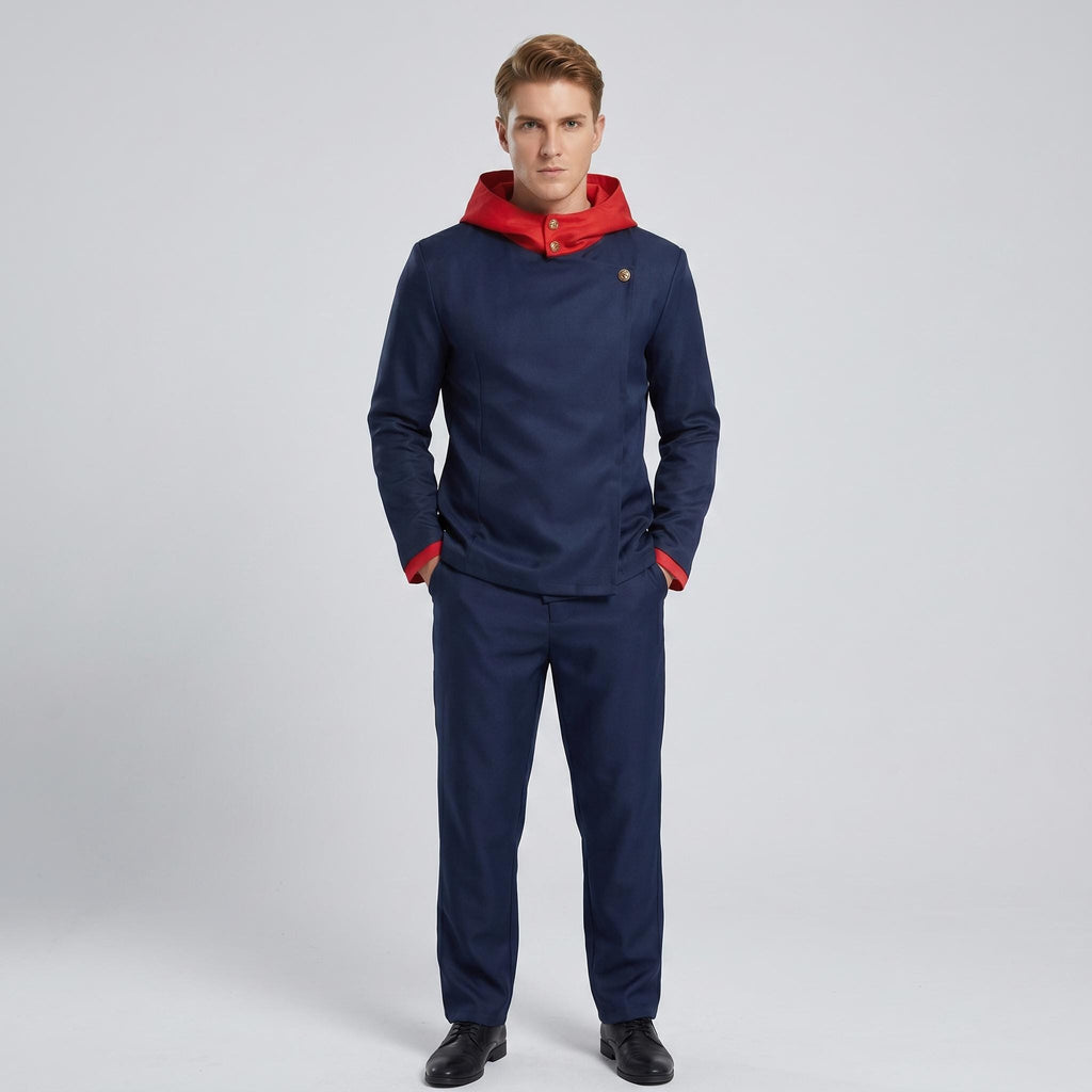 May include: A dark blue long-sleeved jacket with a bright red hood and matching red sleeve cuffs, featuring a high collar with a single gold button closure. The jacket is paired with matching dark blue trousers and black dress shoes.