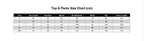 May include: A black and white size chart table titled Top &amp; Pants Size Chart (cm) listing measurements in centimeters for sizes S, M, L, XL, and XXL. The columns include Top Length, Shoulder, Sleeve, Bust/Romper, Waist, Hip, and Pants Length.