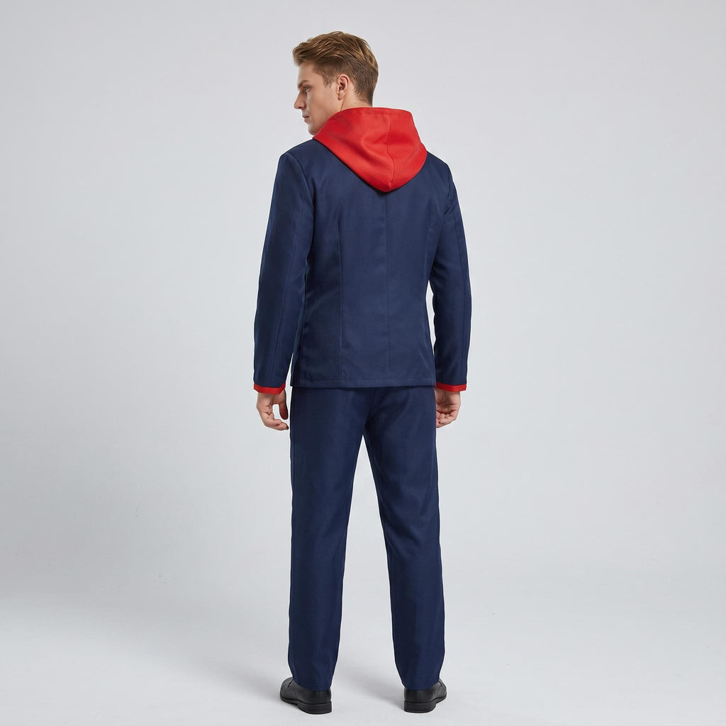 May include: A dark blue suit consisting of a blazer and trousers, featuring a bright red hood attached to the collar and red trim on the sleeve cuffs. The blazer has a structured back, and the trousers are straight-legged and matching in color.