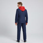 May include: A dark blue suit consisting of a blazer and trousers, featuring a bright red hood attached to the collar and red trim on the sleeve cuffs. The blazer has a structured back, and the trousers are straight-legged and matching in color.