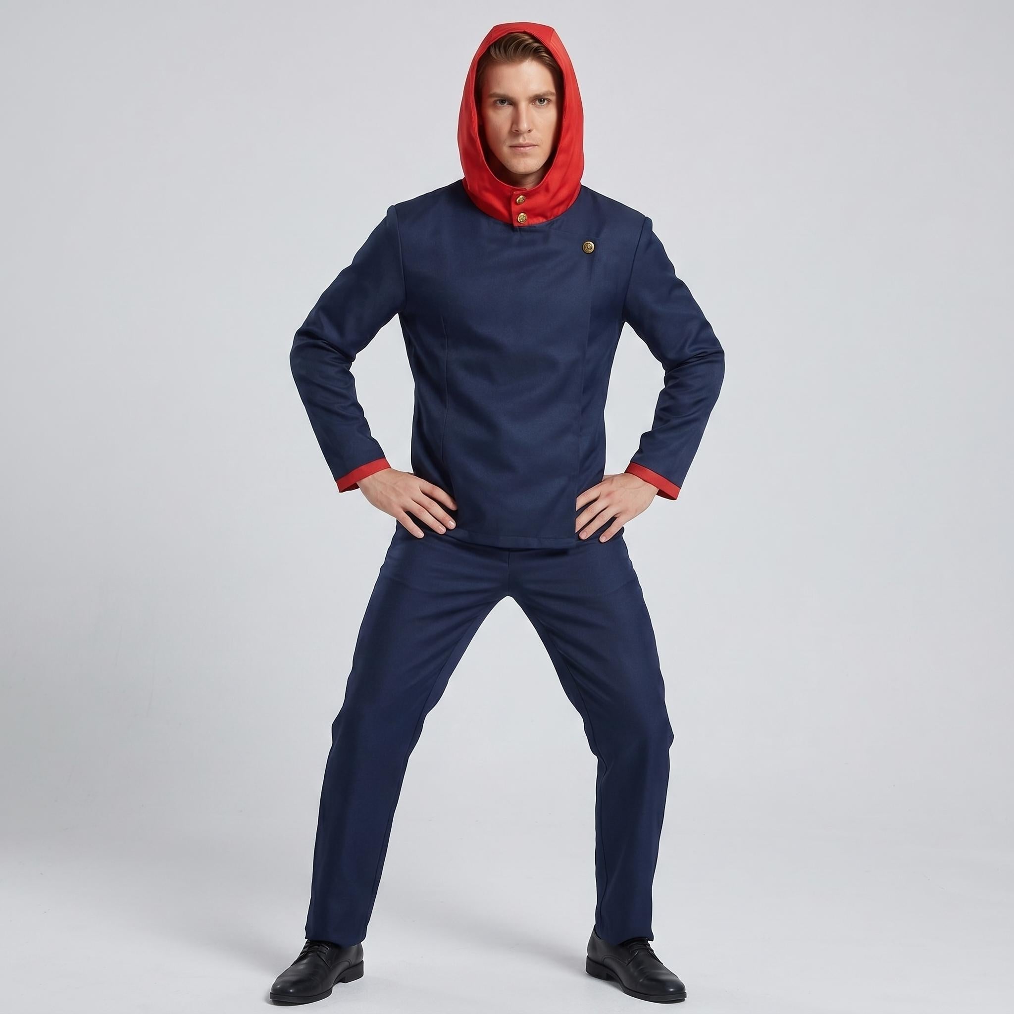 May include: A dark blue long-sleeved jacket with a red hood and red sleeve cuffs, featuring a single gold button at the collar. The jacket is paired with matching dark blue trousers. The ensemble is completed with black dress shoes.
