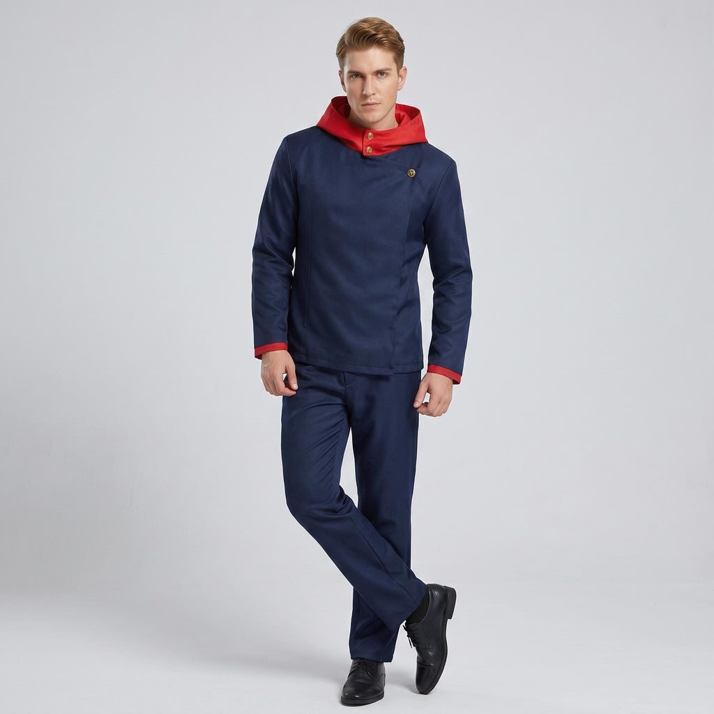 May include: A dark blue jacket with a red hood and red sleeve cuffs, featuring a high collar with a single gold button closure, paired with matching dark blue trousers and black shoes. The jacket has a diagonal front closure design.