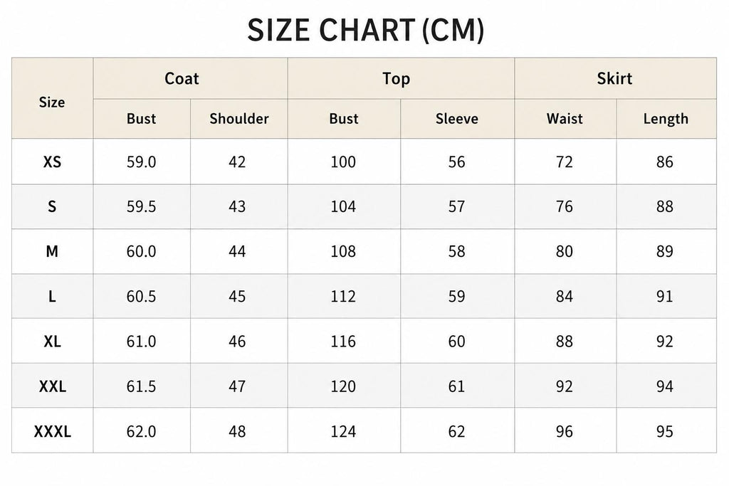 May include: A size chart table in centimeters for a coat, top, and skirt. The table lists sizes from XS to XXXL with corresponding measurements for bust, shoulder, sleeve, waist, and length. The text includes headers for Coat, Top, and Skirt.
