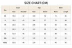 May include: A size chart table in centimeters for a coat, top, and skirt. The table lists sizes from XS to XXXL with corresponding measurements for bust, shoulder, sleeve, waist, and length. The text includes headers for Coat, Top, and Skirt.