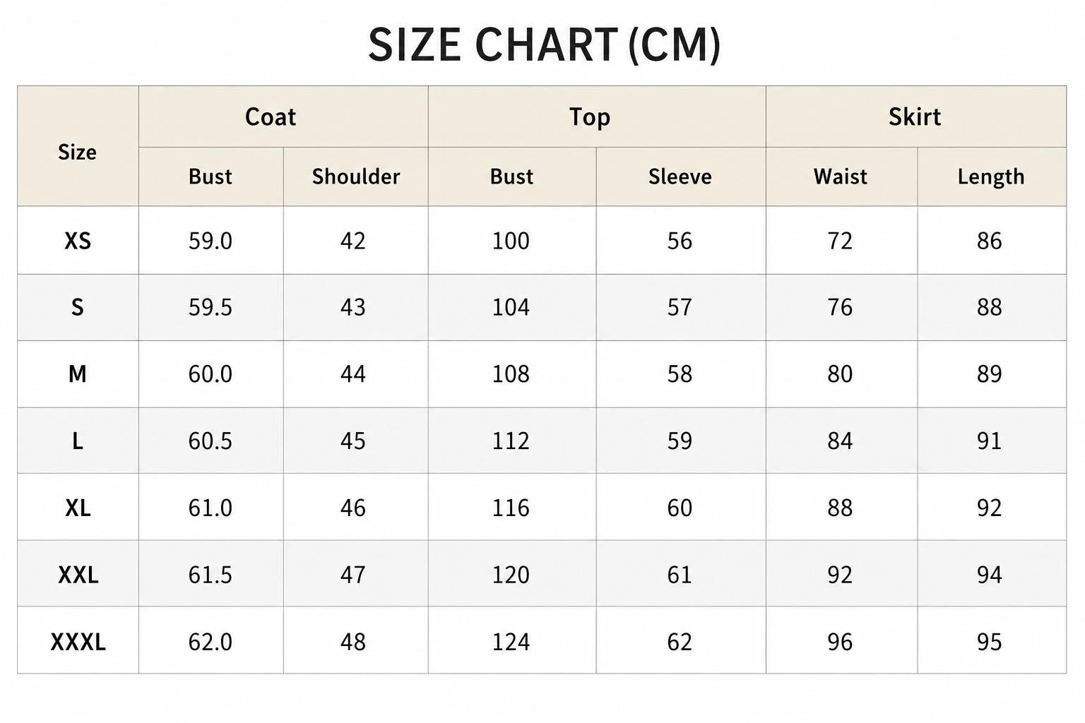 May include: A size chart table in centimeters for a coat, top, and skirt. The table lists sizes from XS to XXXL with corresponding measurements for bust, shoulder, sleeve, waist, and length. The text includes headers for Coat, Top, and Skirt.