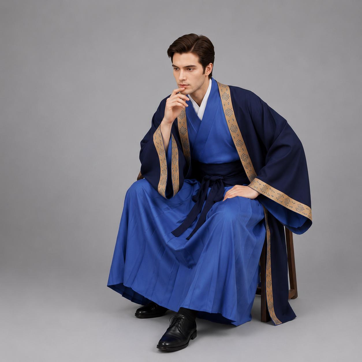 May include: A layered ensemble featuring a bright blue inner robe and a dark navy blue outer robe with wide sleeves. The outer robe is trimmed with a tan patterned border. A dark blue sash is tied at the waist over a white collar base layer.