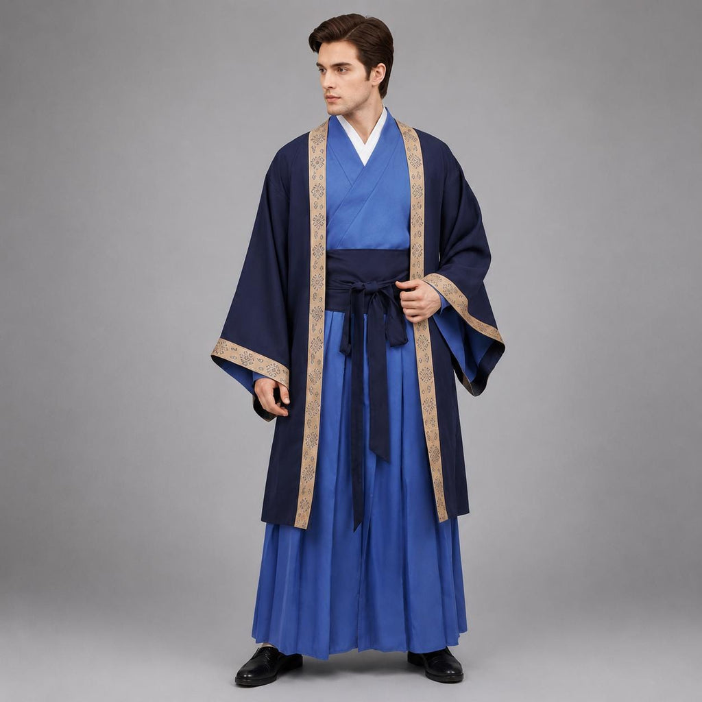 May include: A layered garment featuring a bright blue inner robe and a dark navy blue outer coat. The outer coat has wide sleeves and a beige trim with a repeating geometric pattern. A matching dark navy blue sash is tied at the waist.