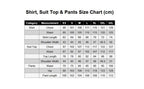 May include: A black and white size chart titled Shirt, Suit Top &amp; Pants Size Chart (cm) displaying measurements in centimeters for sizes XS through 3XL. The table lists categories for Shirt, Suit Top, and Pants with specific chest, waist, length, shoulder, and hip measurements for each size.