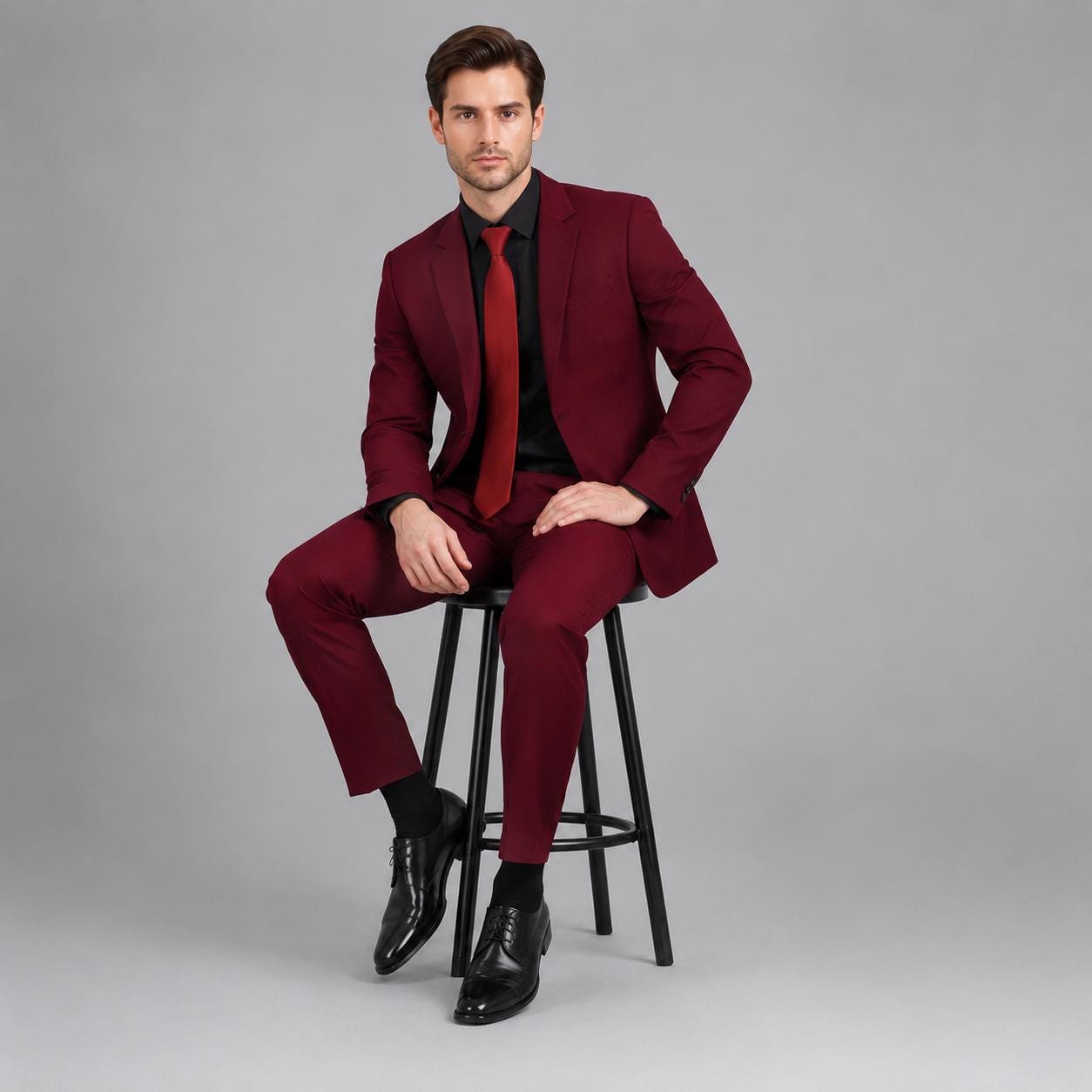 May include: A deep burgundy suit consisting of a tailored blazer and matching trousers, worn with a black button-down shirt and a matching burgundy necktie. The ensemble is completed with black leather dress shoes, creating a formal look.