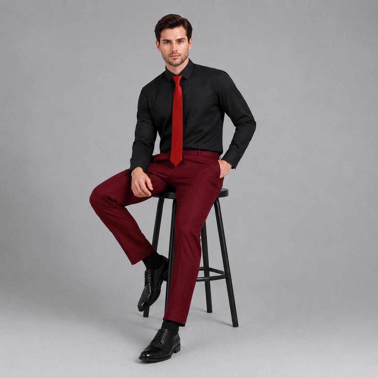 May include: A long-sleeved black button-down shirt paired with a bright red necktie and deep burgundy trousers. The outfit is completed with polished black leather dress shoes, creating a formal ensemble that is worn while seated on a black stool.