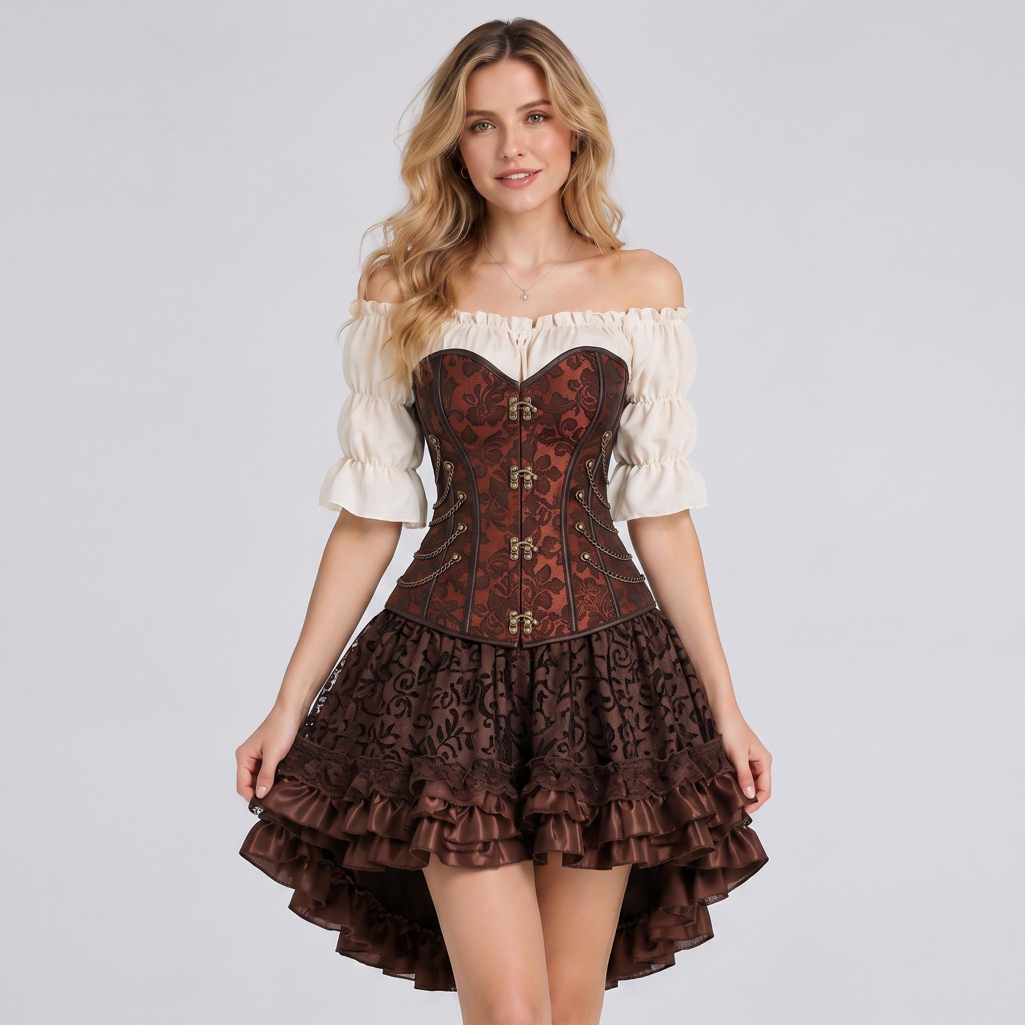 May include: A brown corset with a floral pattern, metal clasps, and decorative chains, paired with an off-the-shoulder cream blouse featuring ruffled sleeves and a dark brown high-low skirt with a lace overlay and multiple ruffled hem layers.