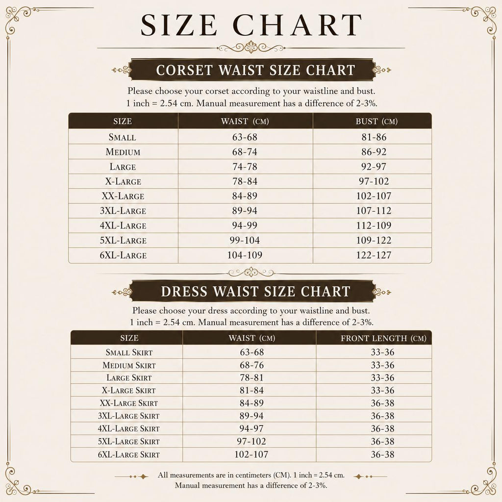 May include: A beige size chart for corsets and skirts with dark brown headers and text. It lists sizes from Small to 6XL with corresponding waist, bust, and front length measurements in centimeters. The text notes 1 inch equals 2.54 cm.