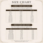 May include: A beige size chart for corsets and skirts with dark brown headers and text. It lists sizes from Small to 6XL with corresponding waist, bust, and front length measurements in centimeters. The text notes 1 inch equals 2.54 cm.
