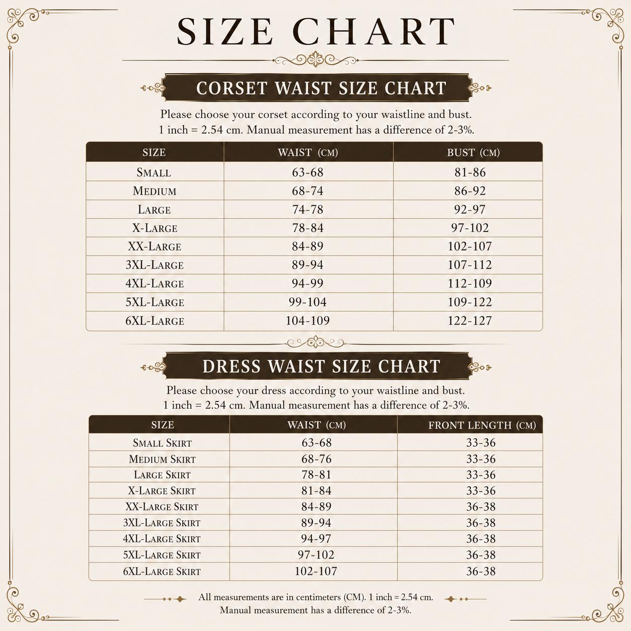 May include: A beige size chart for corsets and skirts with dark brown headers and text. It lists sizes from Small to 6XL with corresponding waist, bust, and front length measurements in centimeters. The text notes 1 inch equals 2.54 cm.