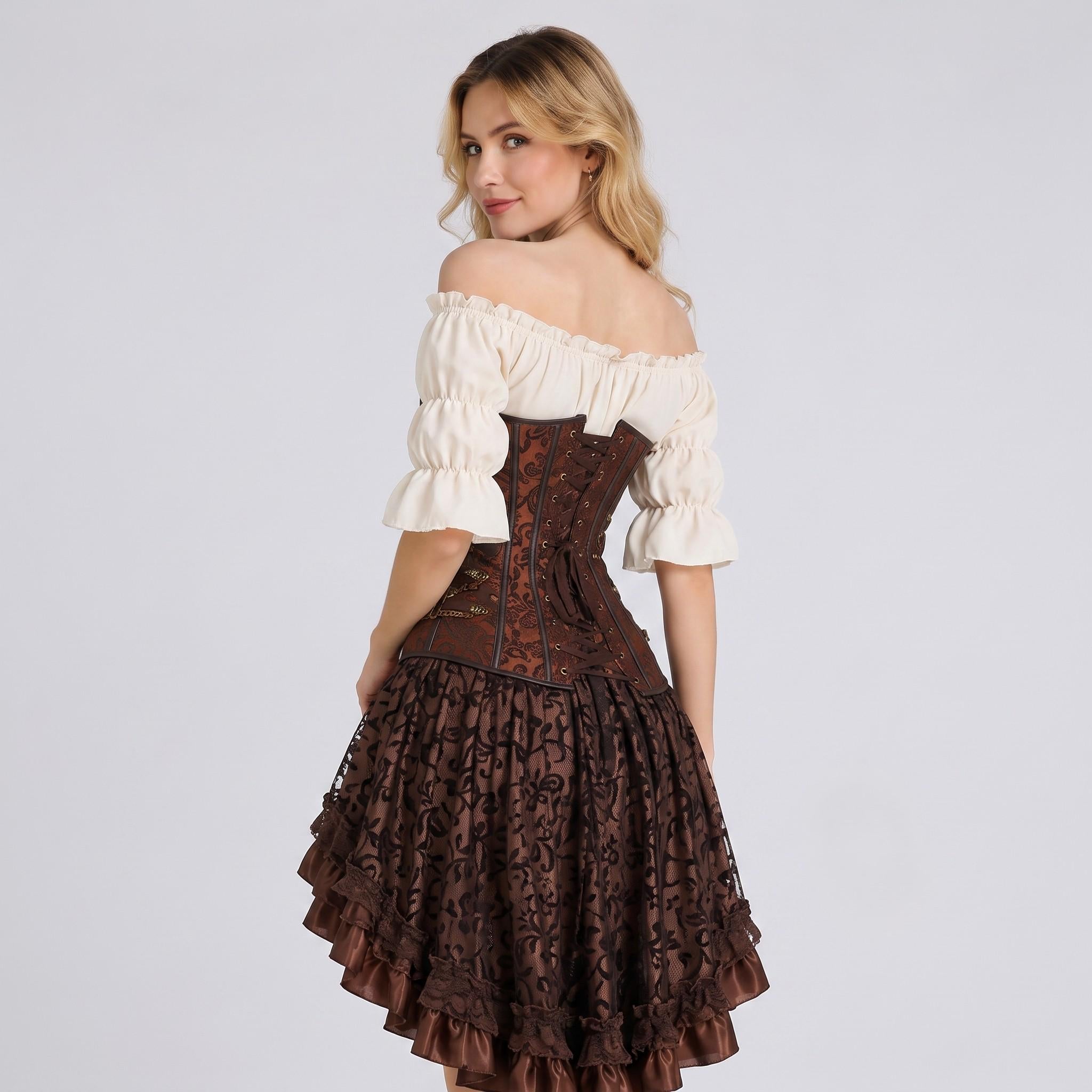 May include: A brown corset with a dark floral pattern and back lacing, paired with an off-the-shoulder cream blouse featuring ruffled sleeves and a brown high-low skirt with a black lace overlay and a ruffled hemline.