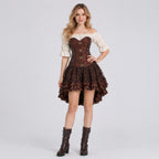 May include: A brown corset top with a dark floral pattern and gold-toned front clasps, paired with an off-the-shoulder cream blouse featuring puff sleeves and a high-low brown skirt with a layered lace hem, worn with dark brown mid-calf boots.