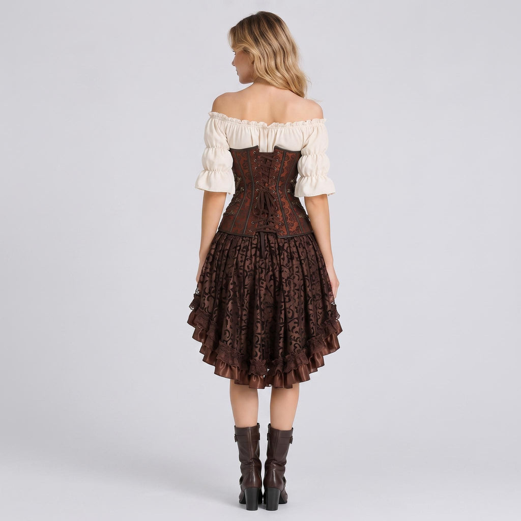 May include: An off-the-shoulder cream blouse with ruffled sleeves paired with a dark brown corset featuring a lace-up back and a matching dark brown knee-length skirt with a black floral pattern and a ruffled hem, worn with dark brown boots.