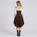 May include: An off-the-shoulder cream blouse with ruffled sleeves paired with a dark brown corset featuring a lace-up back and a matching dark brown knee-length skirt with a black floral pattern and a ruffled hem, worn with dark brown boots.