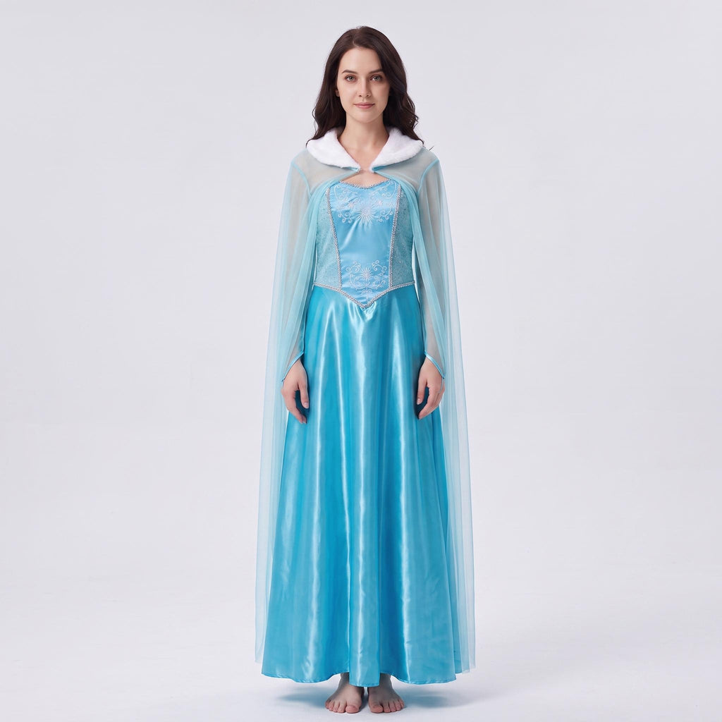 May include: A floor-length light blue satin dress featuring a fitted bodice with silver embroidery, a sweetheart neckline, and a sheer cape overlay. The garment includes a white faux fur collar trim that extends from the shoulders to the neckline.