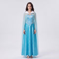 May include: A floor-length light blue satin dress featuring a fitted bodice with silver embroidery, a sweetheart neckline, and a sheer cape overlay. The garment includes a white faux fur collar trim that extends from the shoulders to the neckline.